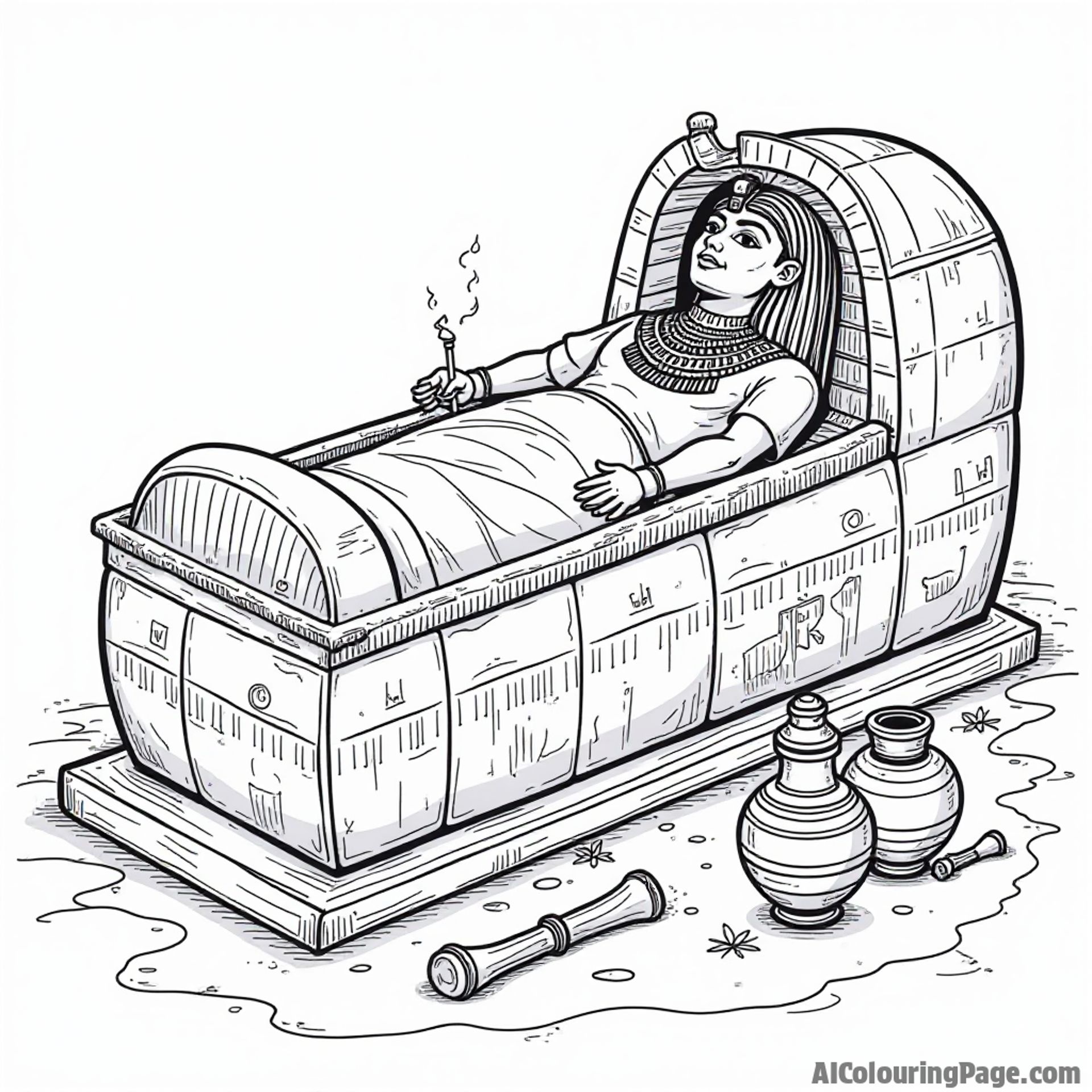 Cartoon-style mummified tomb with ancient artifacts like gold jewelry, canopic jars, and hieroglyphs, perfect for sparking children's imagination about ancient Egypt's burial practices and mythology.