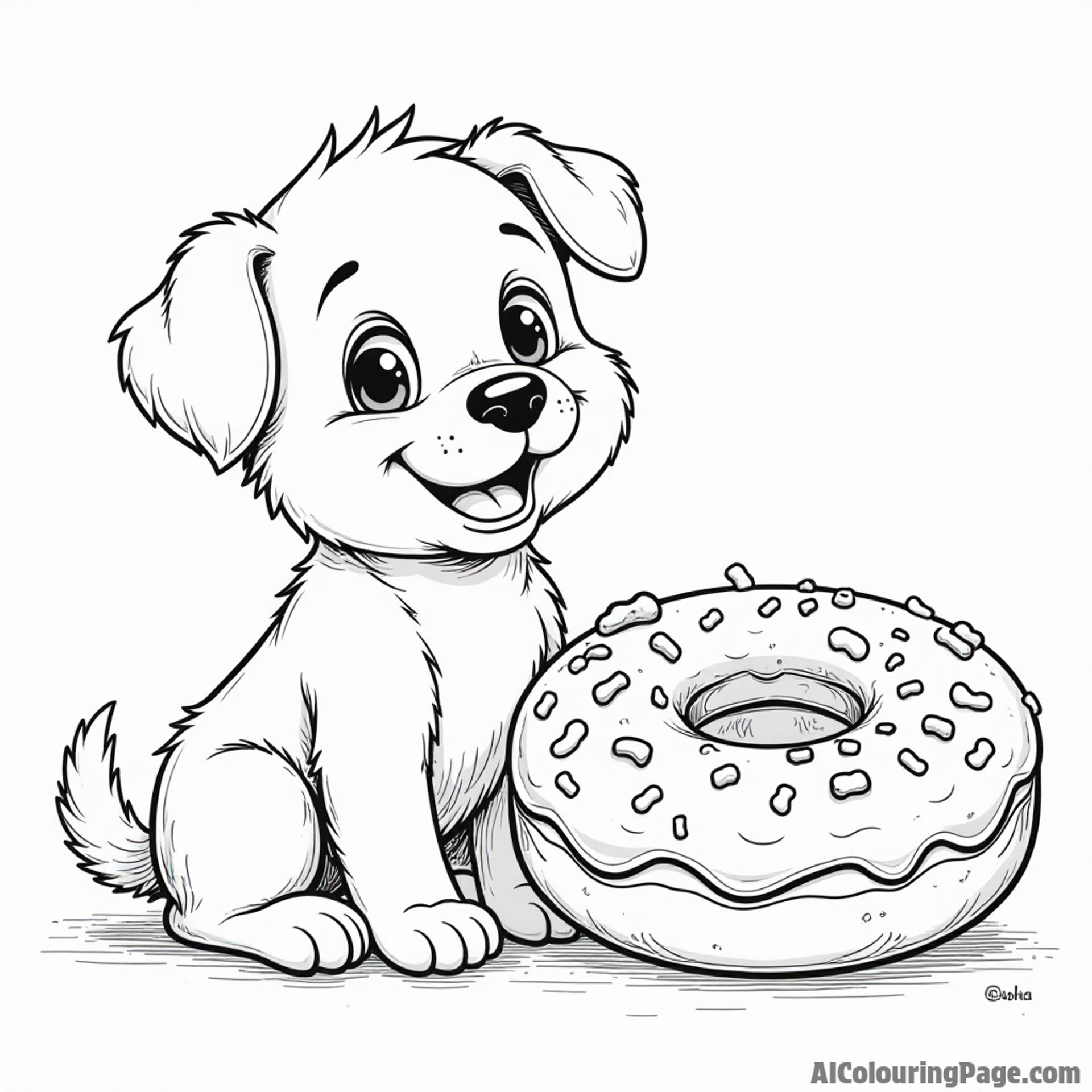 A playful puppy sitting next to a giant donut, surrounded by colorful icing and sprinkles, looking eager to eat.