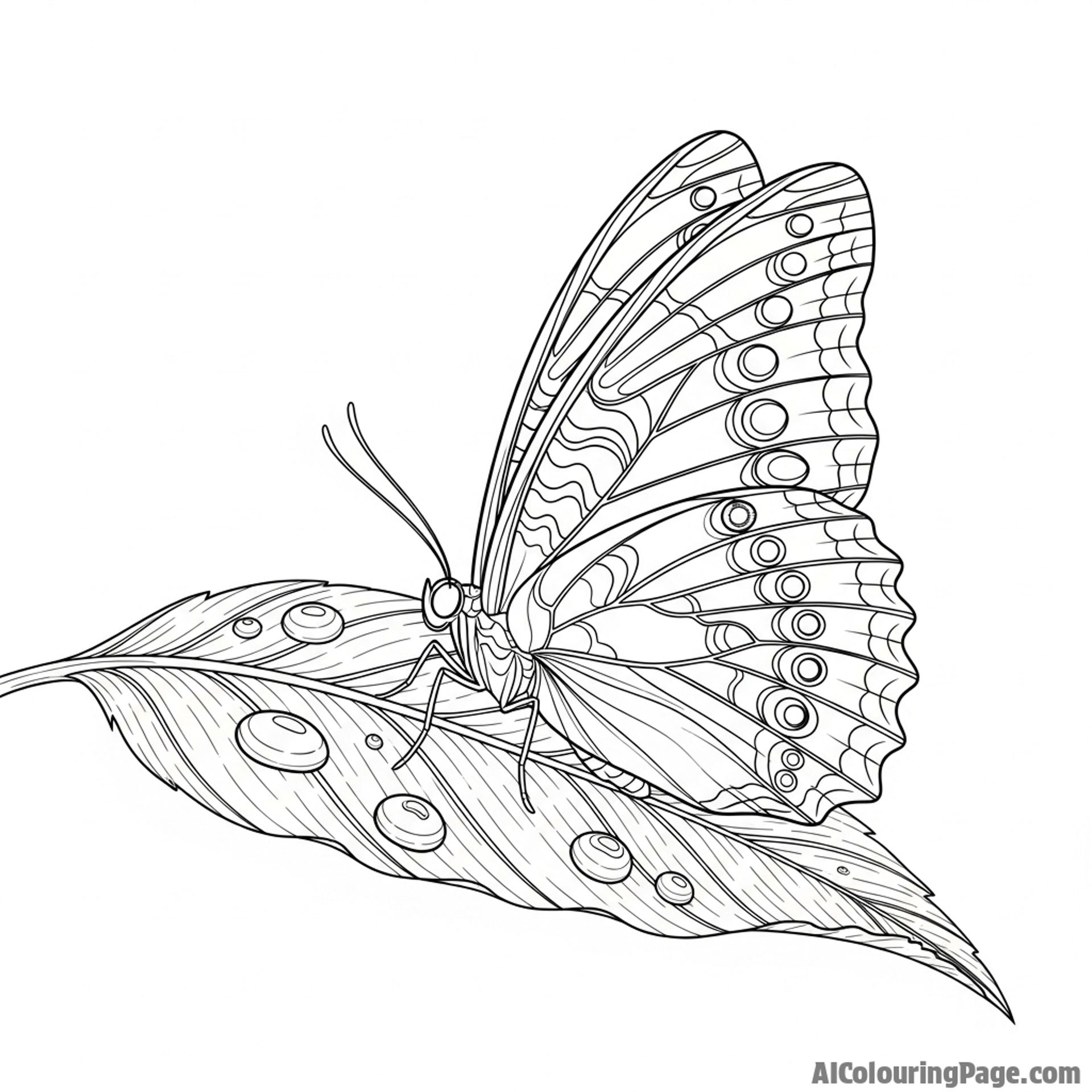 A single butterfly resting on a dew-covered leaf, intricate wing patterns visible