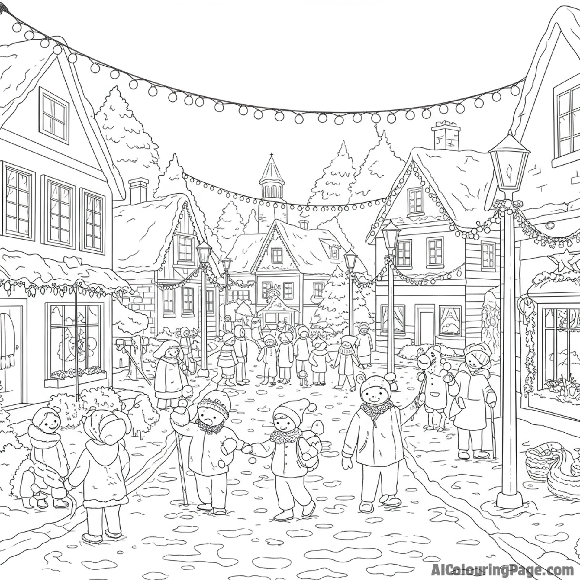 Snowy village street lined with twinkling lights, depicting joyful community gathering.