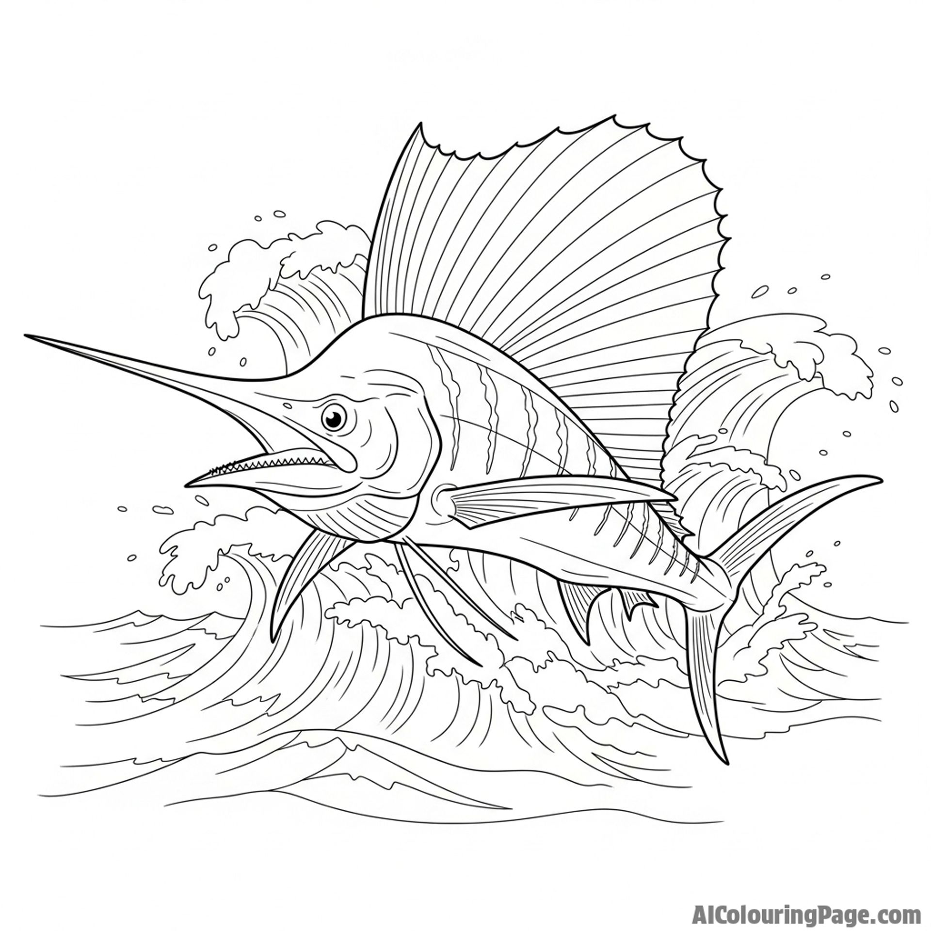A majestic sailfish with its dorsal fin fully raised, cutting through the waves.