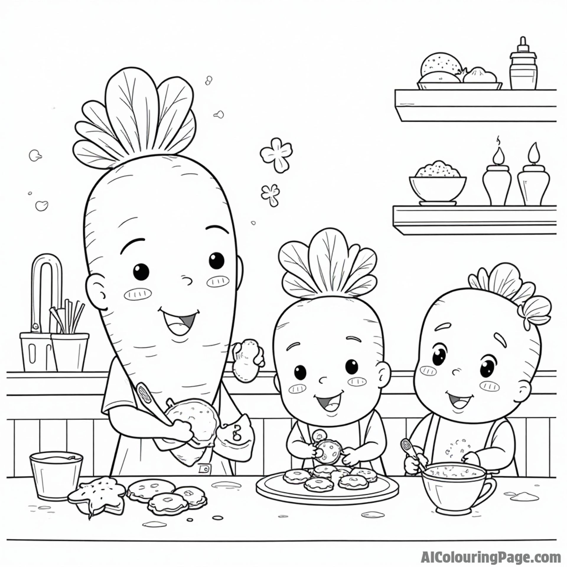 A cute carrot family baking cookies in a cozy kitchen, with flour, cookie cutters, and a delicious aroma filling the air.