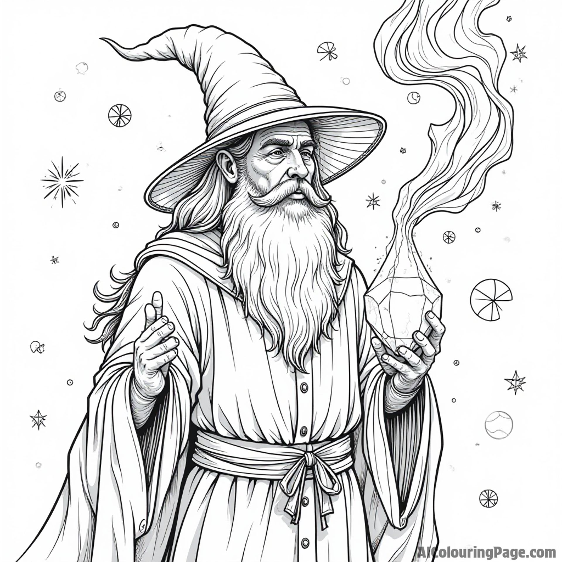 A wizard holding a glowing crystal, surrounded by swirling magical energies and ancient runes in the air.