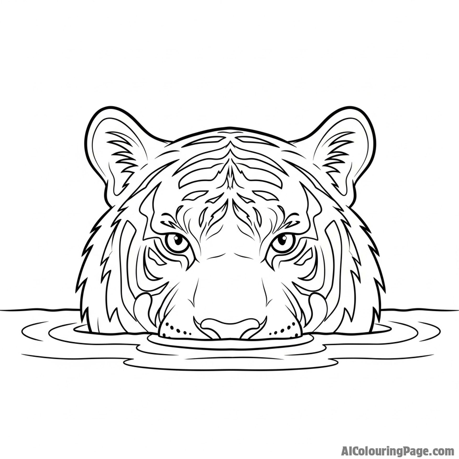 A tiger submerged in water, only its head and intense gaze visible above the surface.