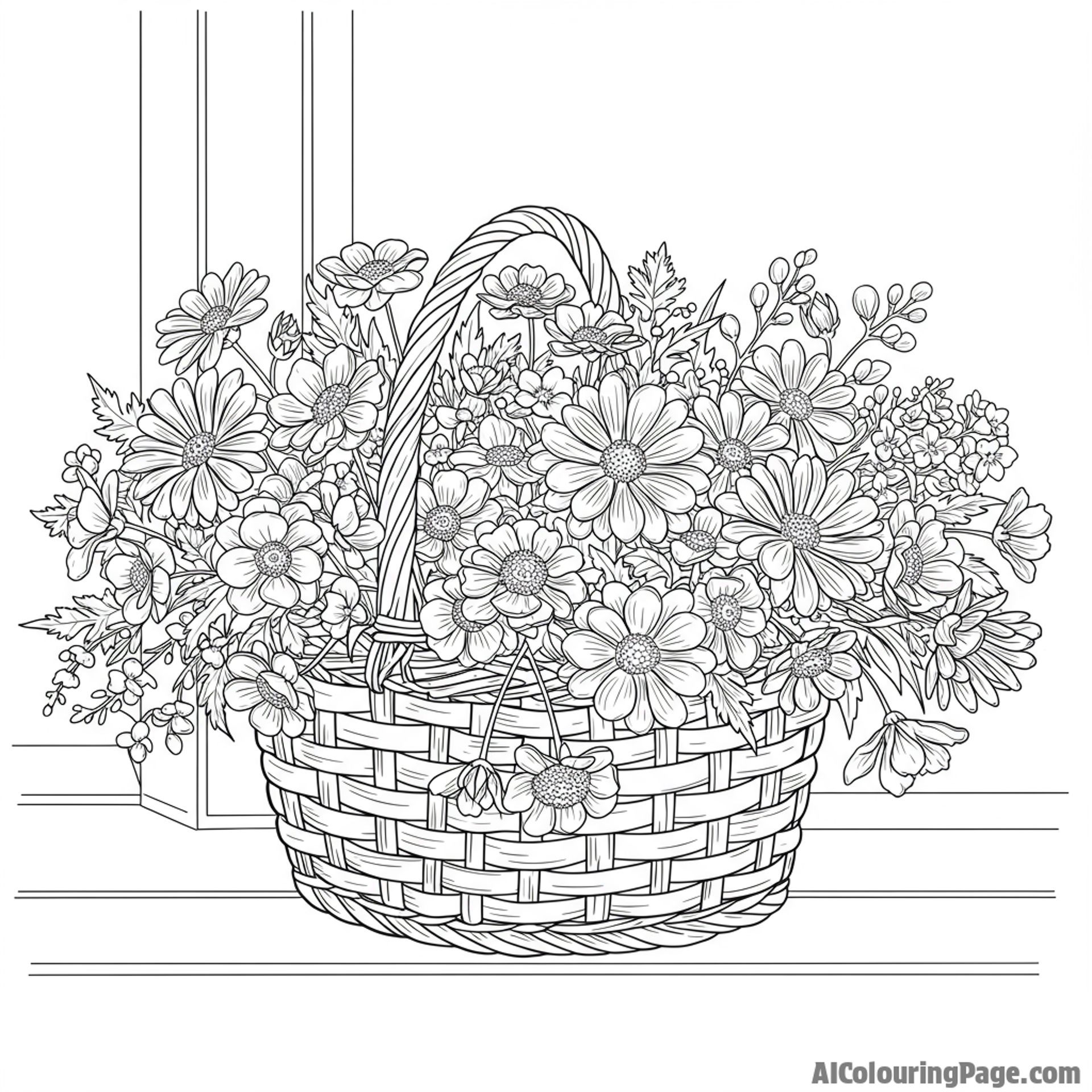 A basket of freshly picked flowers arranged on a porch.