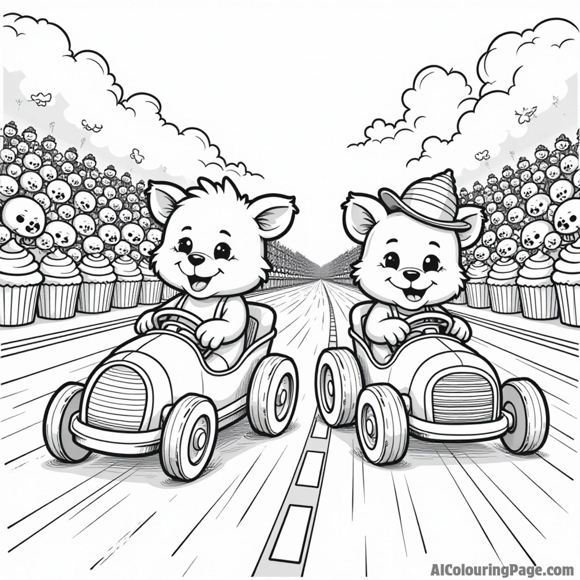 A cupcake race between animals driving cupcake cars, with a cheering crowd and a finish line decorated with cupcakes.