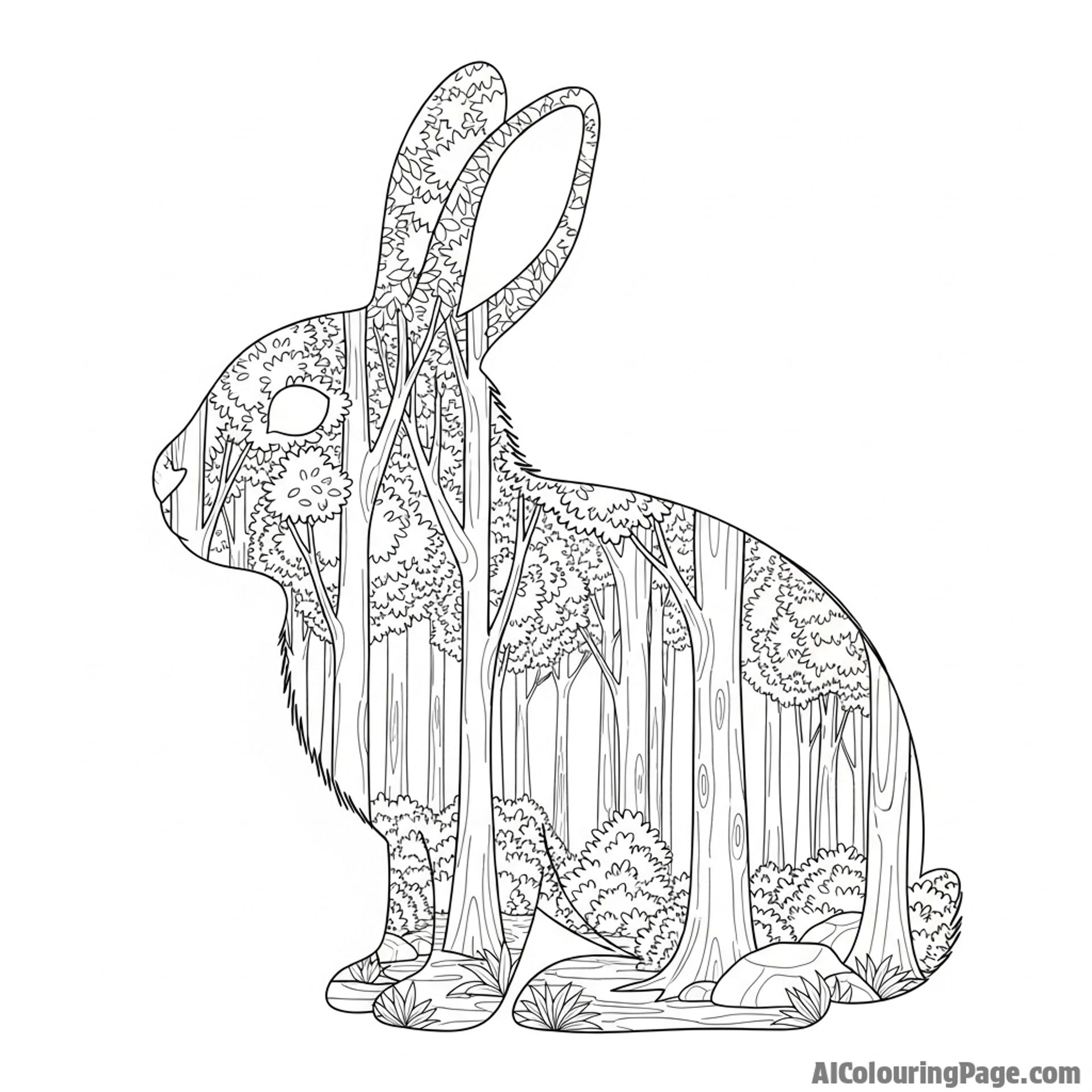 A double-exposure image combining a bunny's profile with a dense, textured forest landscape.