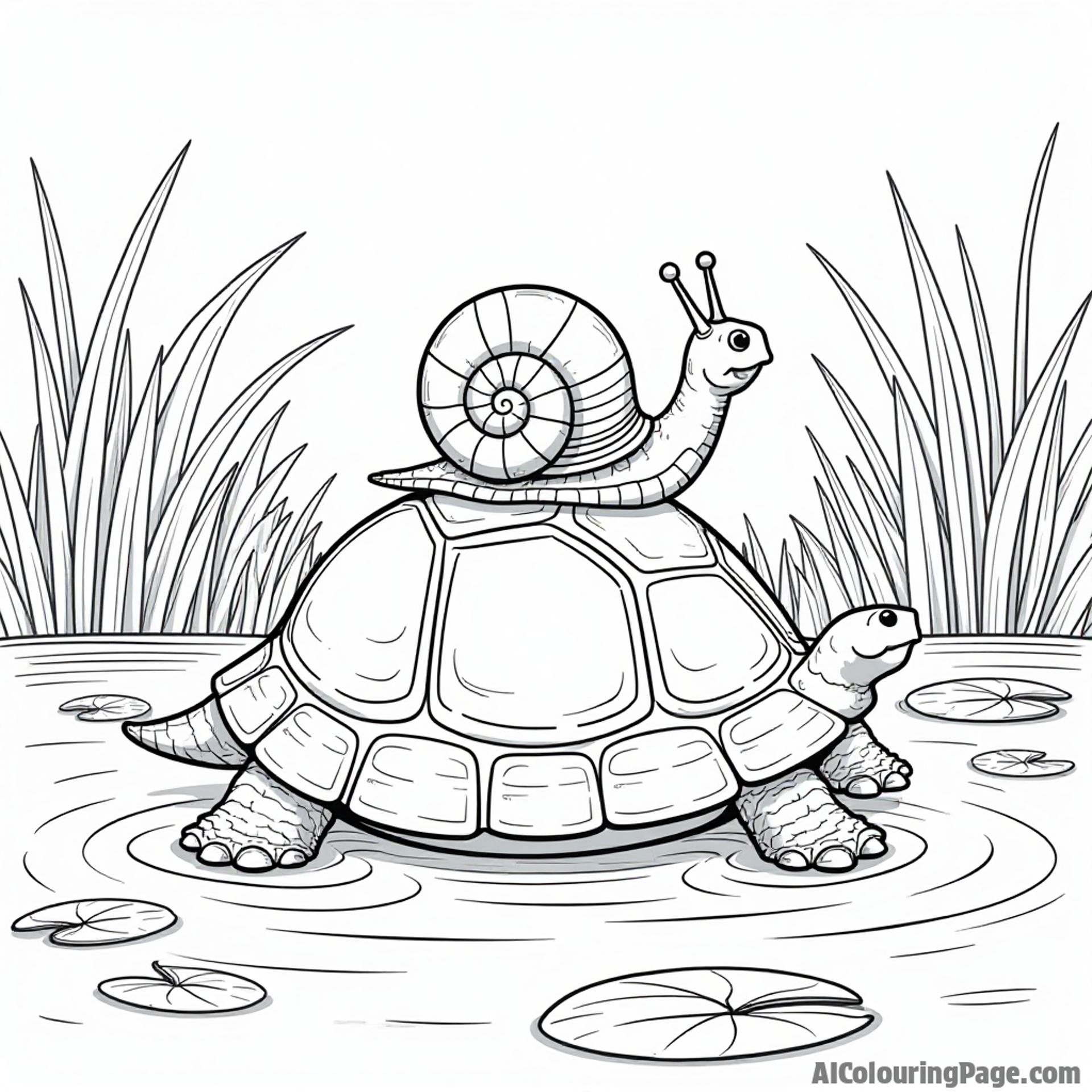 A snail riding on a turtle's back, with a scenic pond and lily pads in the background for kids to color.