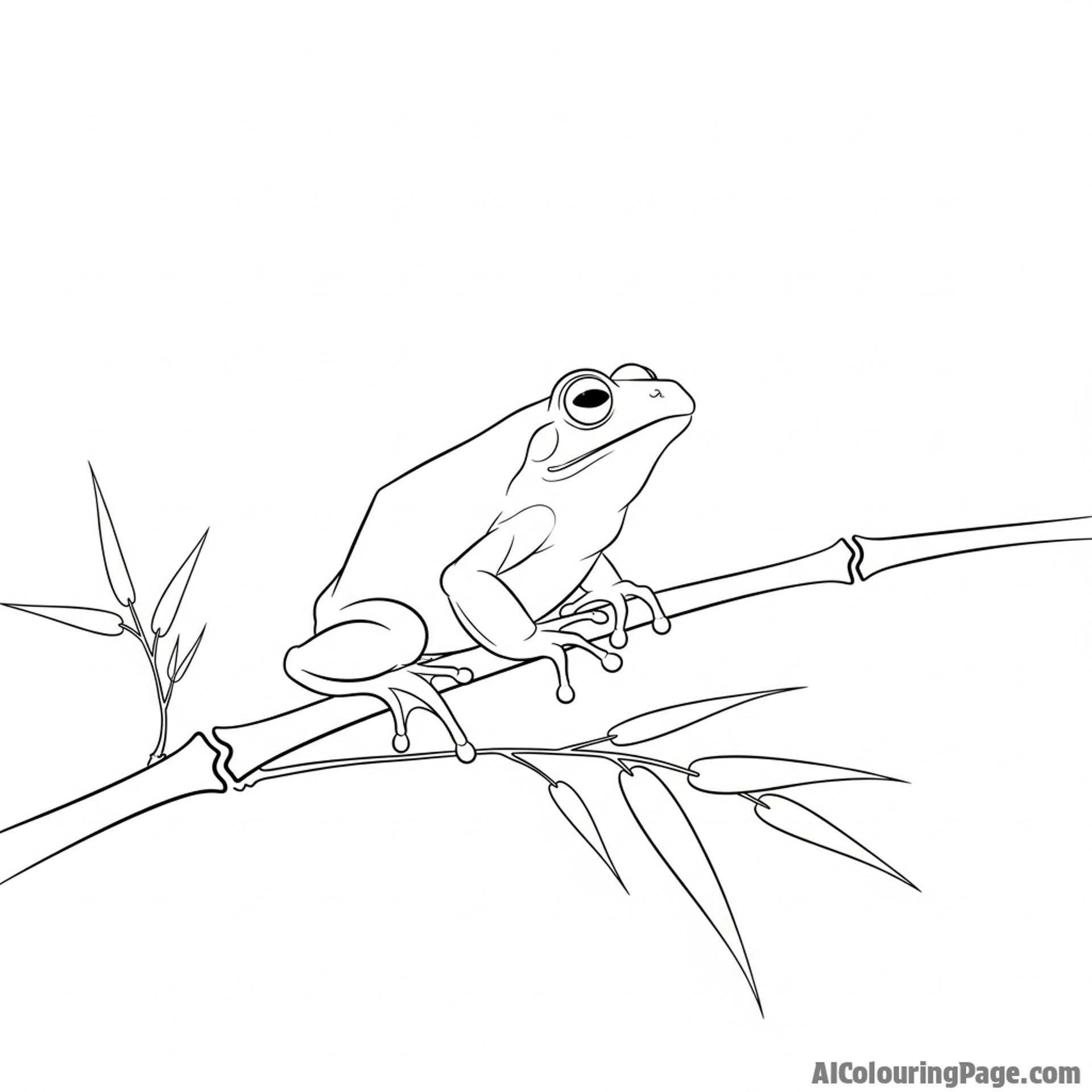 A minimalist ink wash painting of a frog on a single stalk of bamboo.