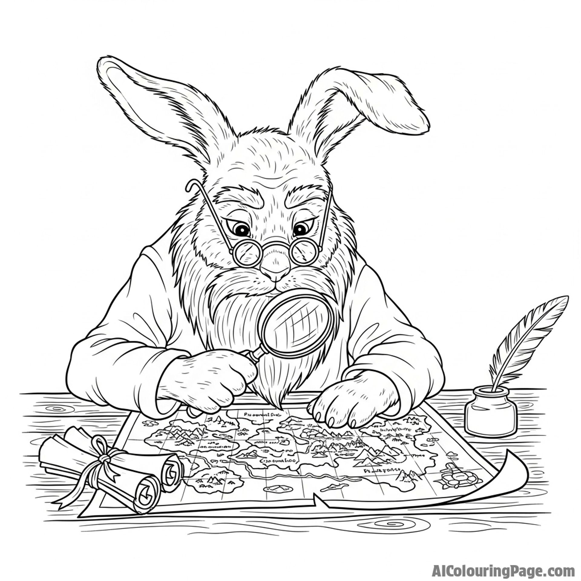 A wise, elderly rabbit with a long flowing beard, studying an old map.