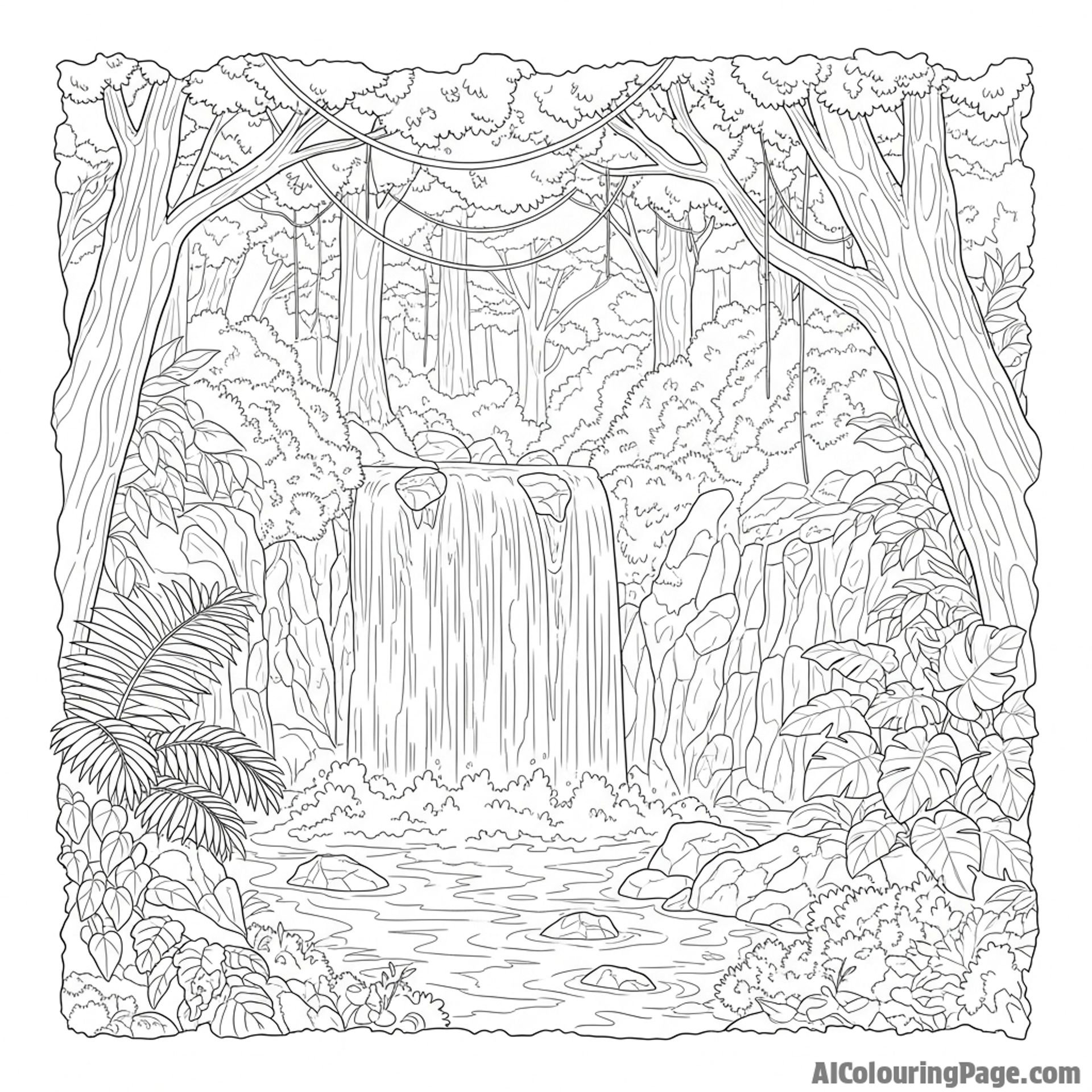 A waterfall flowing through a dense, jungle-like environment.