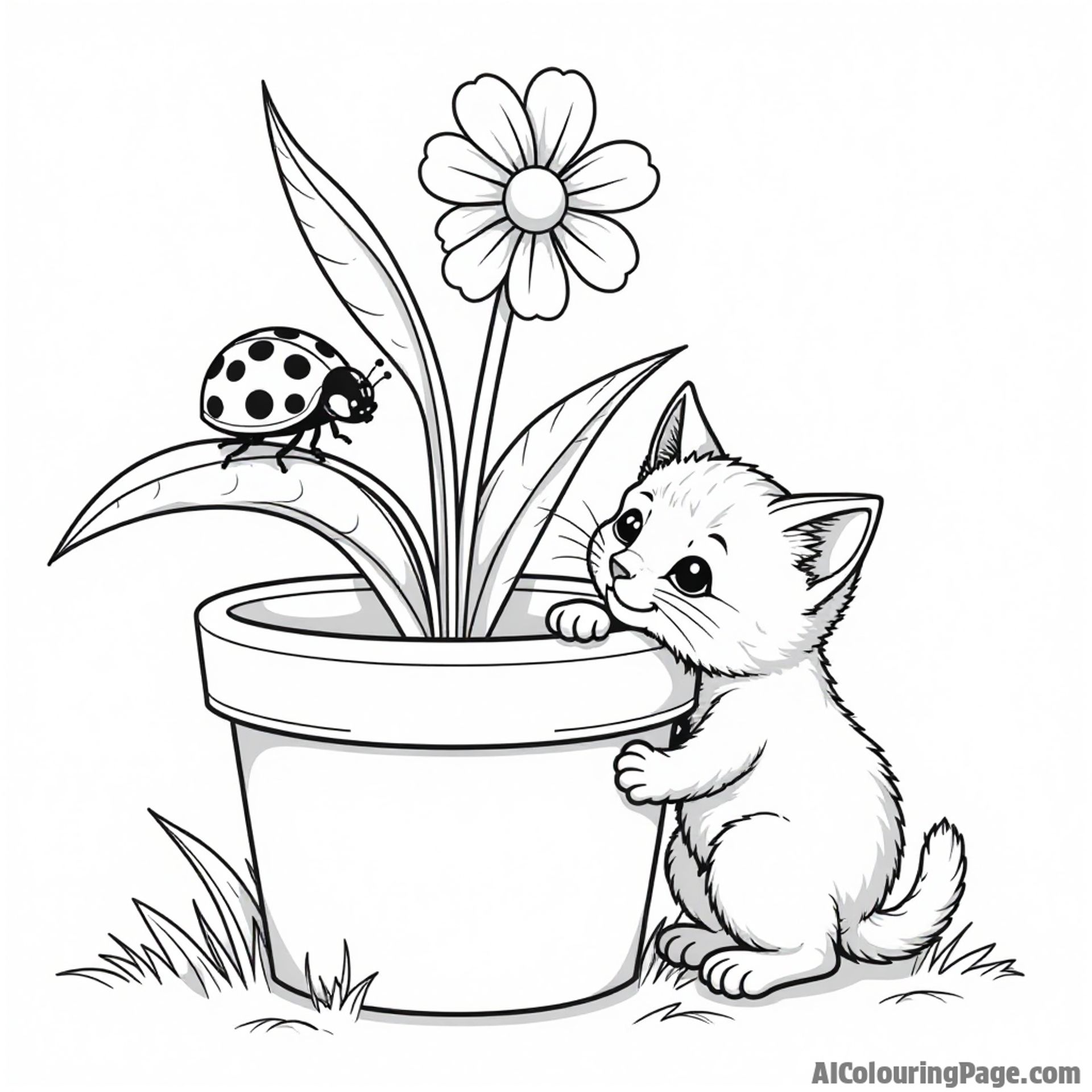 A ladybug playing hide and seek behind a flower pot, with a curious kitten peeking around the corner.