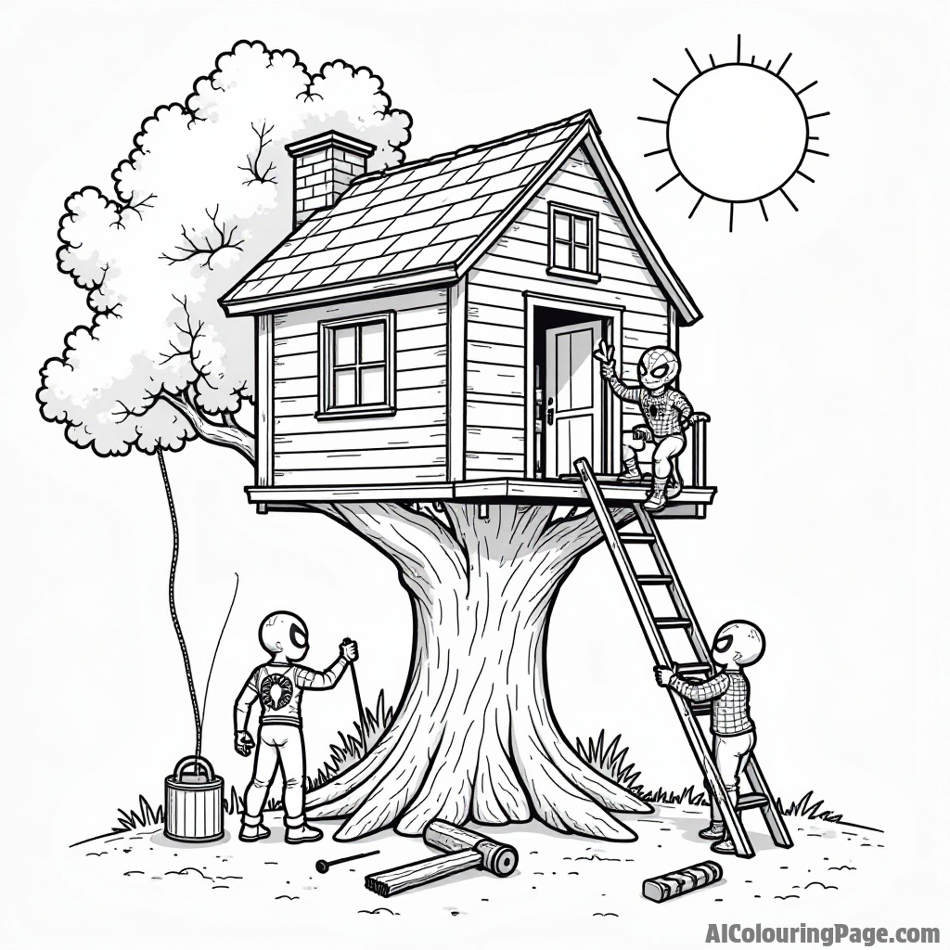 Spiderman building a treehouse with kids, tools scattered around, a bright sun shining down on their fun