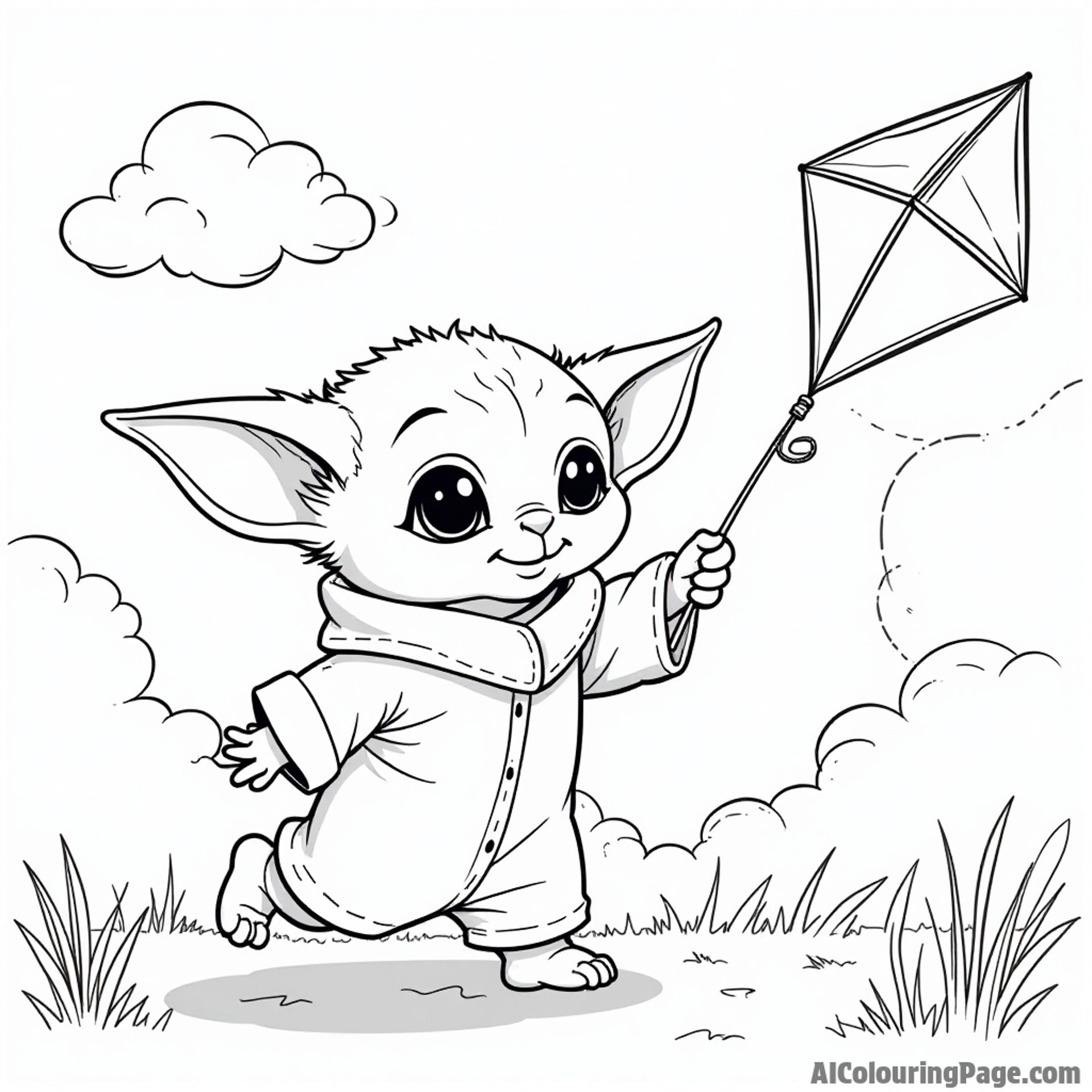 Baby Yoda flying a kite on a sunny day with fluffy clouds in the sky