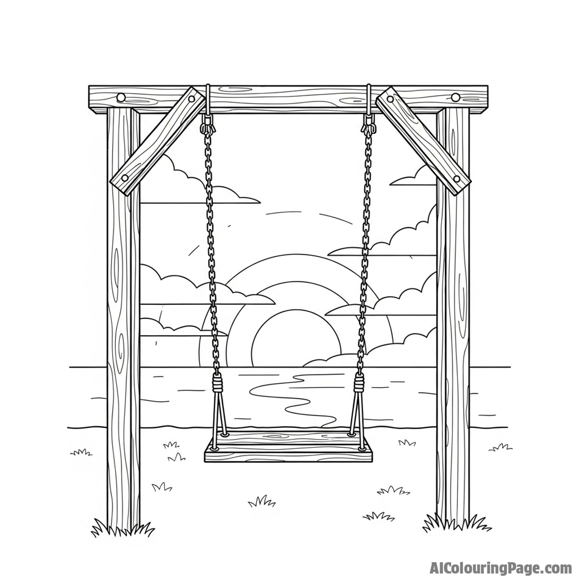 Sunset through the bars of a swing set.
