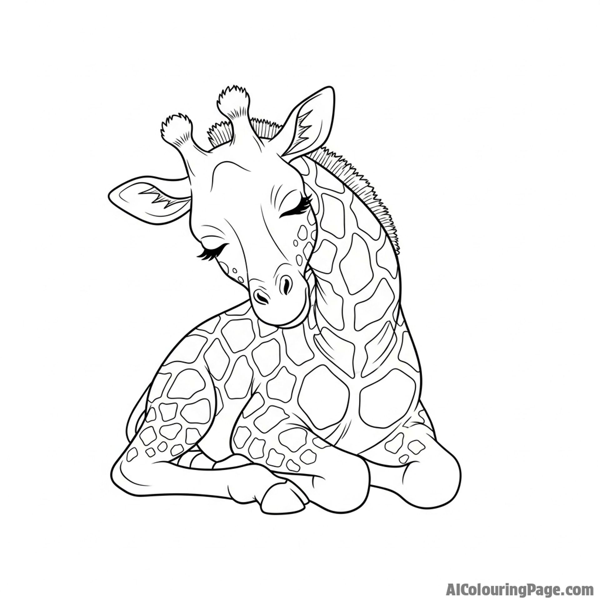 A quiet scene of a giraffe sleeping soundly while standing upright.