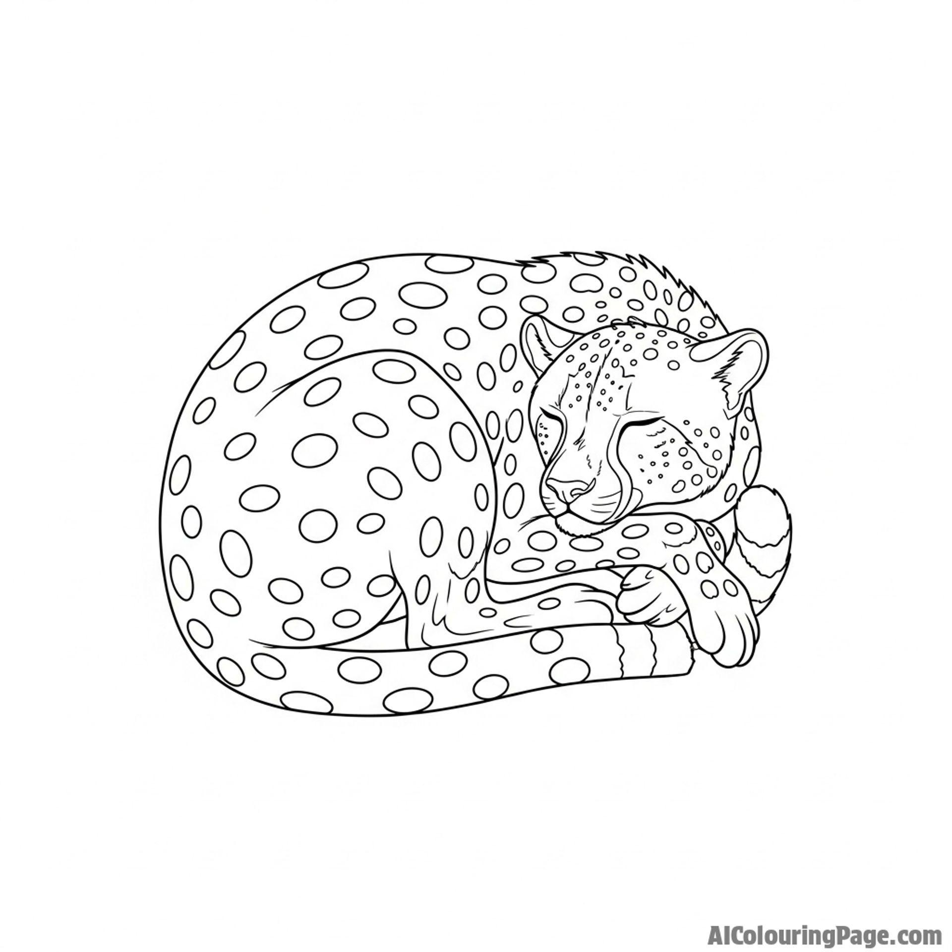 A serene scene of a cheetah sleeping soundly, curled up in a tight, protective ball.