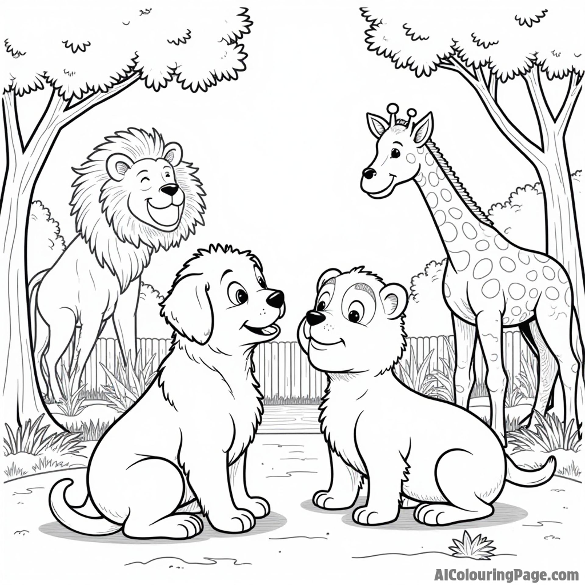 A puppy at the zoo observing animals, with a lion, giraffe, and monkey in their habitats, all looking curiously at the puppy.