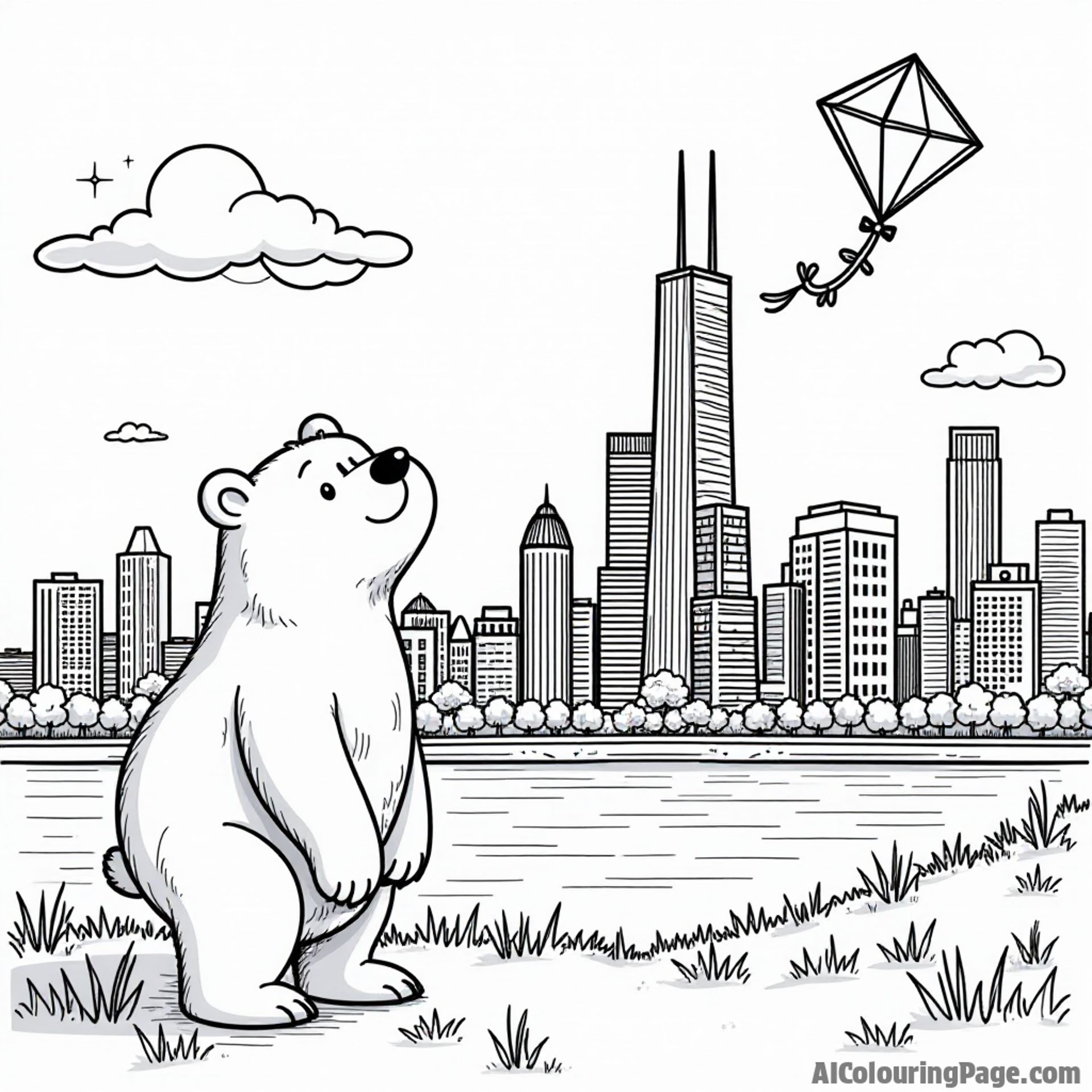 A scenic view of Chicago skyline with a playful bear and a colorful kite flying in the sky for coloring fun
