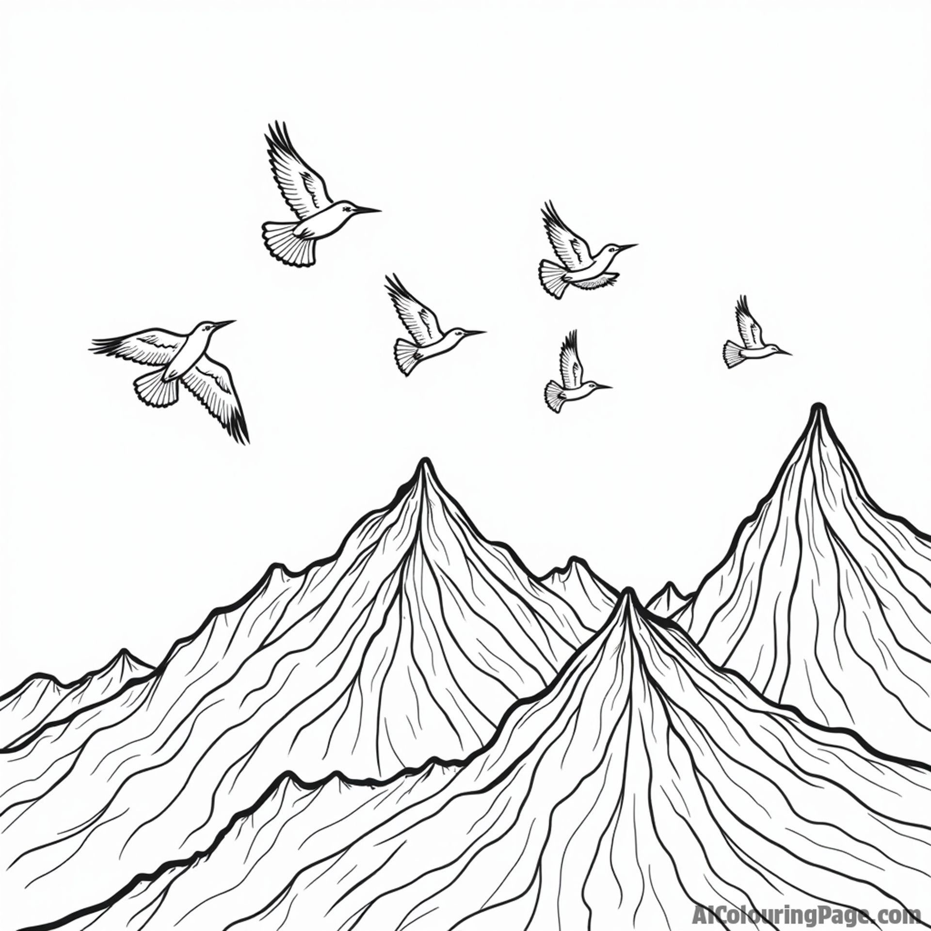A flock of birds soaring above a mountain range.