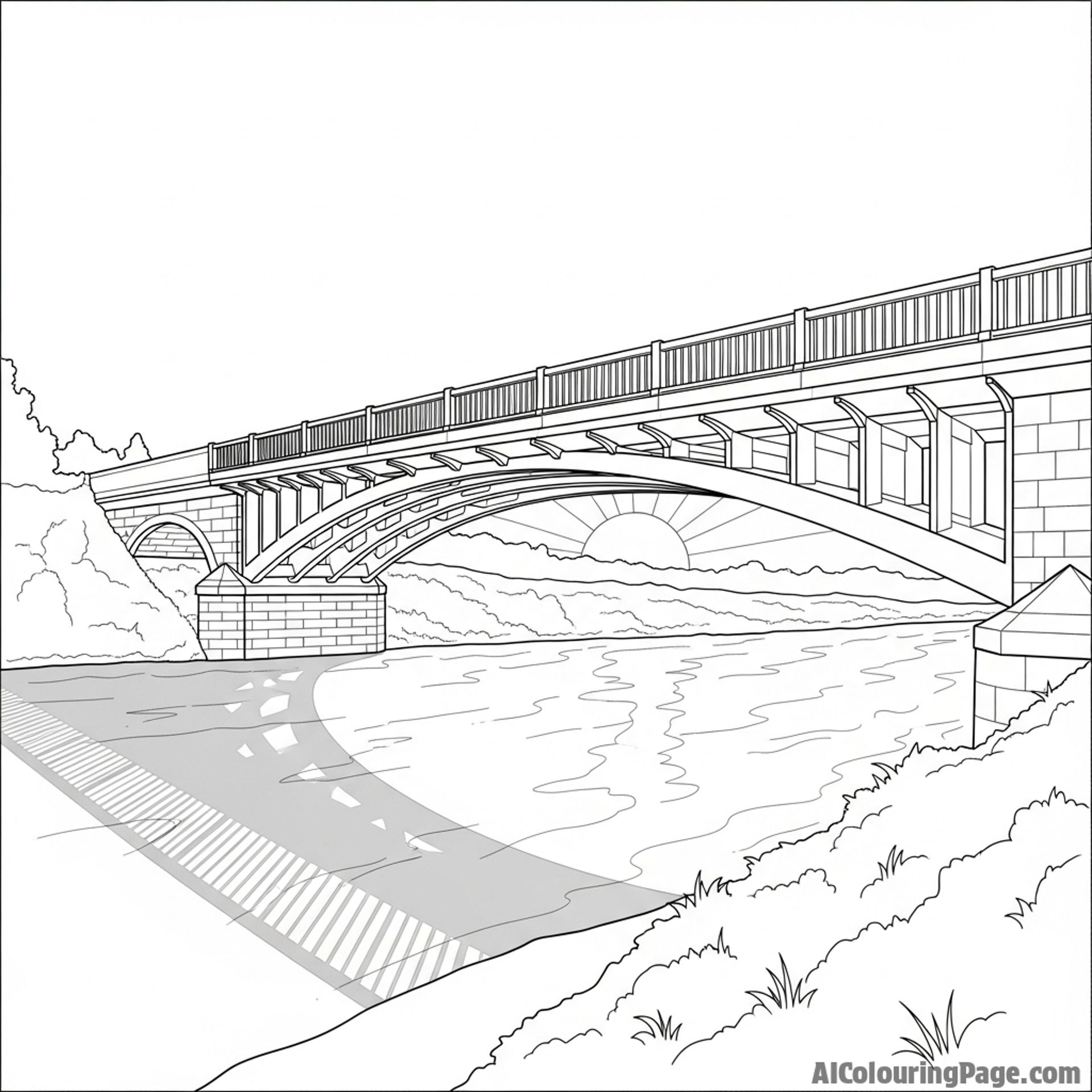 A bridge spanning a river at sunset.