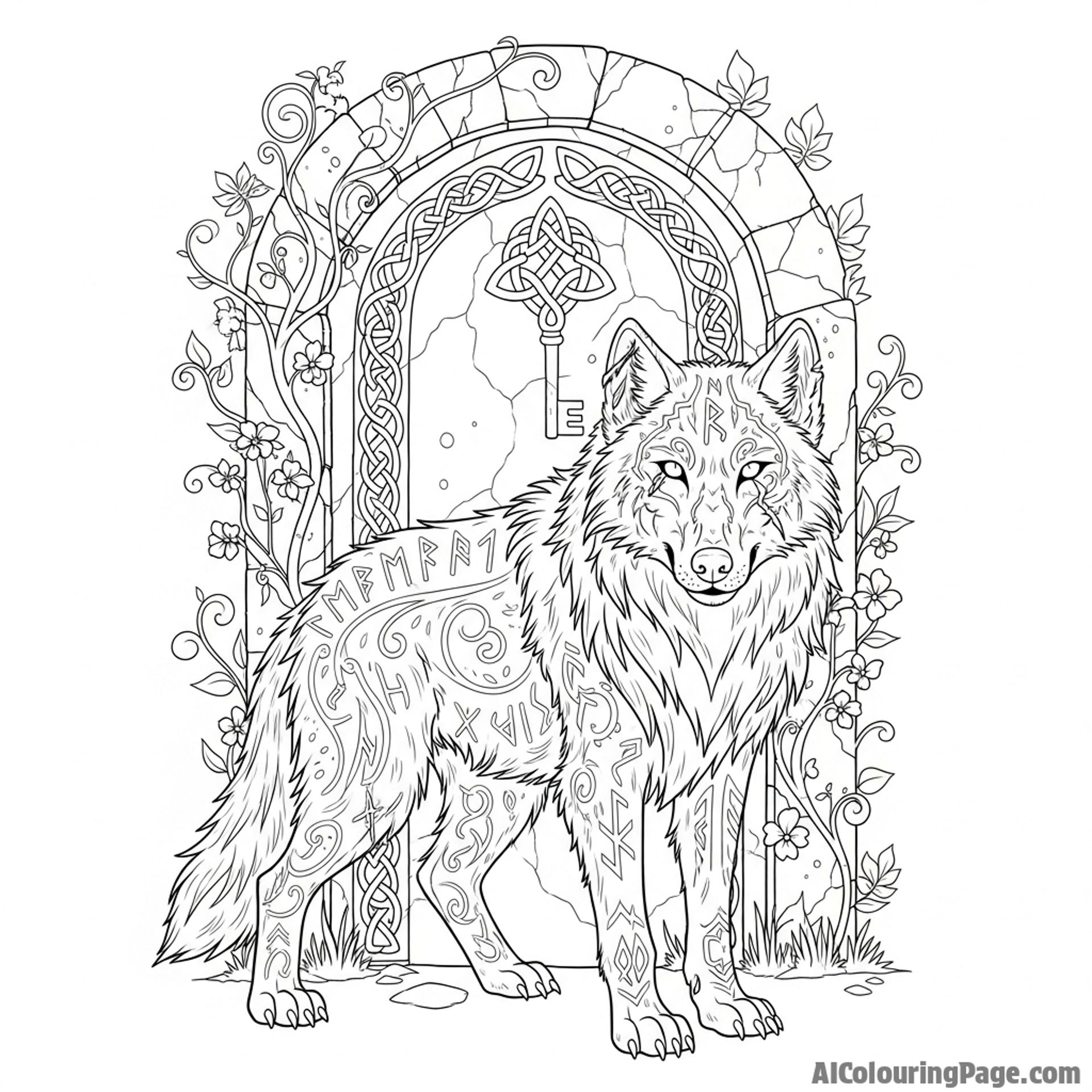 An ancient, battle-scarred wolf with glowing runes etched into its fur, guarding a stone portal.
