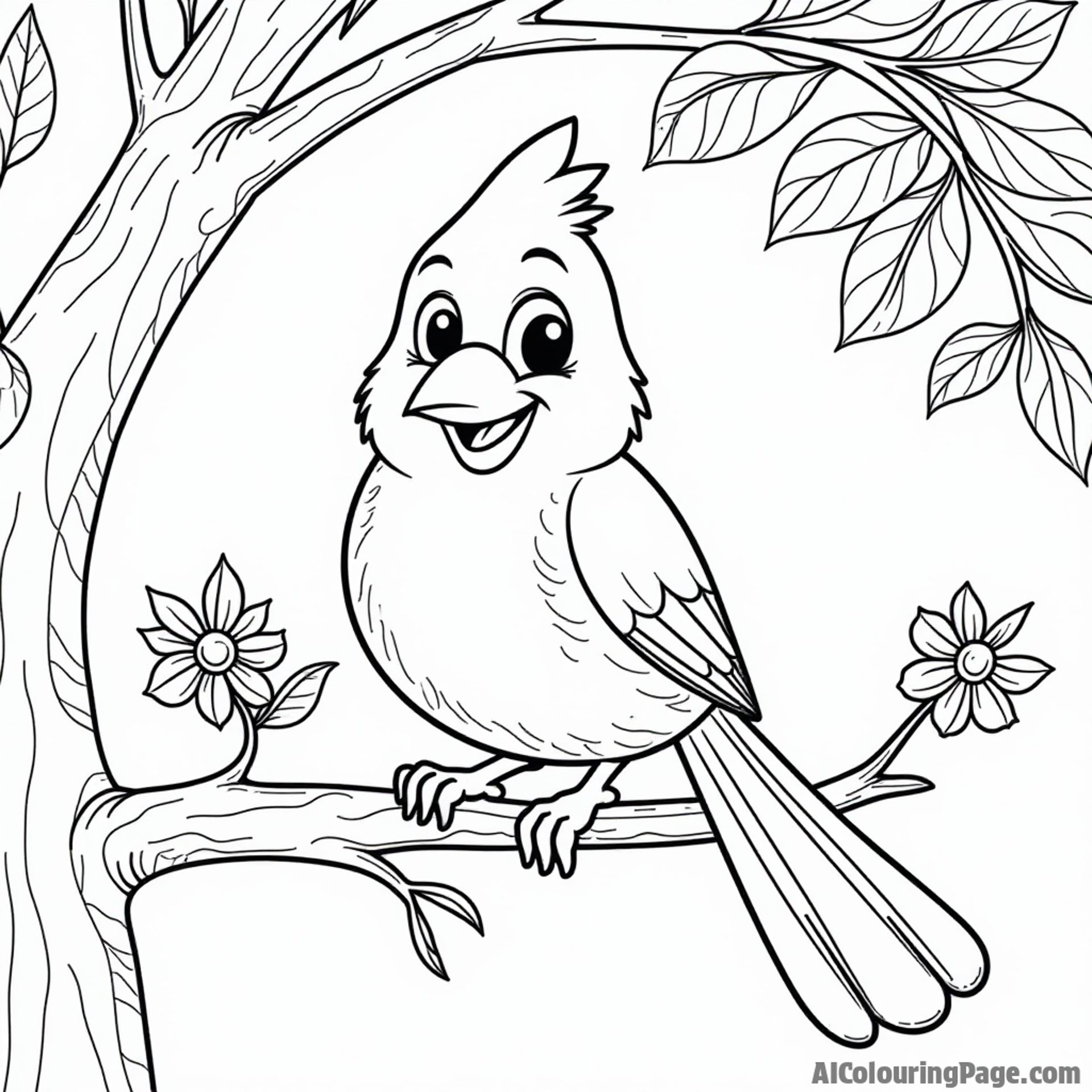 A friendly Illinois state mascot, a playful cardinal, perched on a tree branch with vibrant leaves and flowers to color