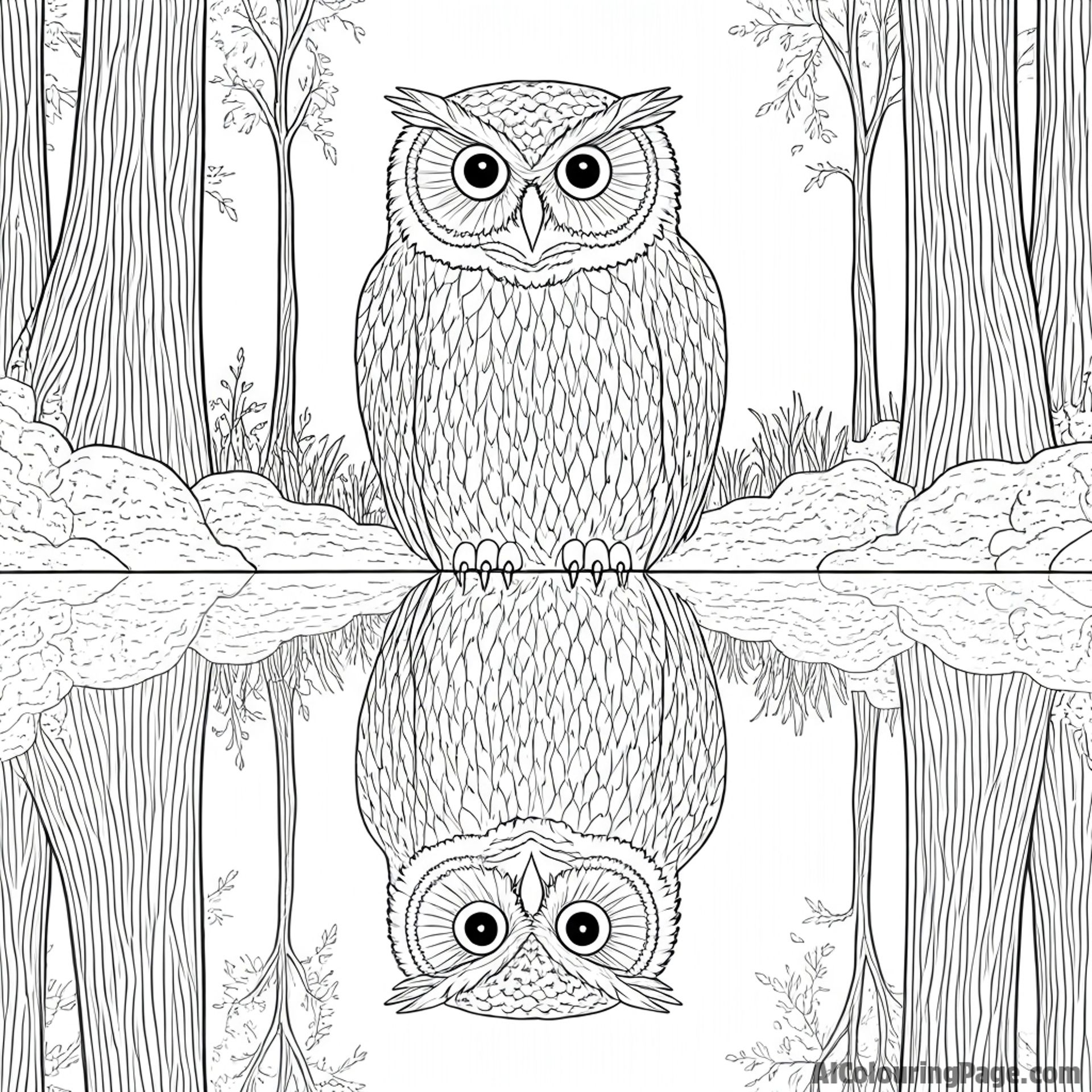 An owl reflected in the still waters of a forest lake.