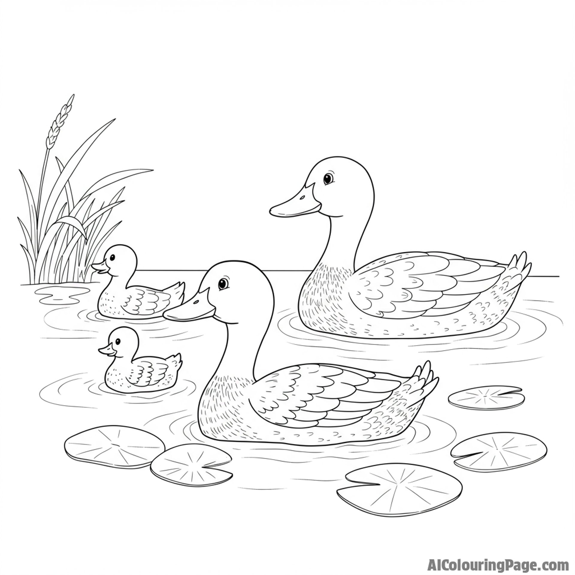 A family of ducks swimming peacefully in a pond.