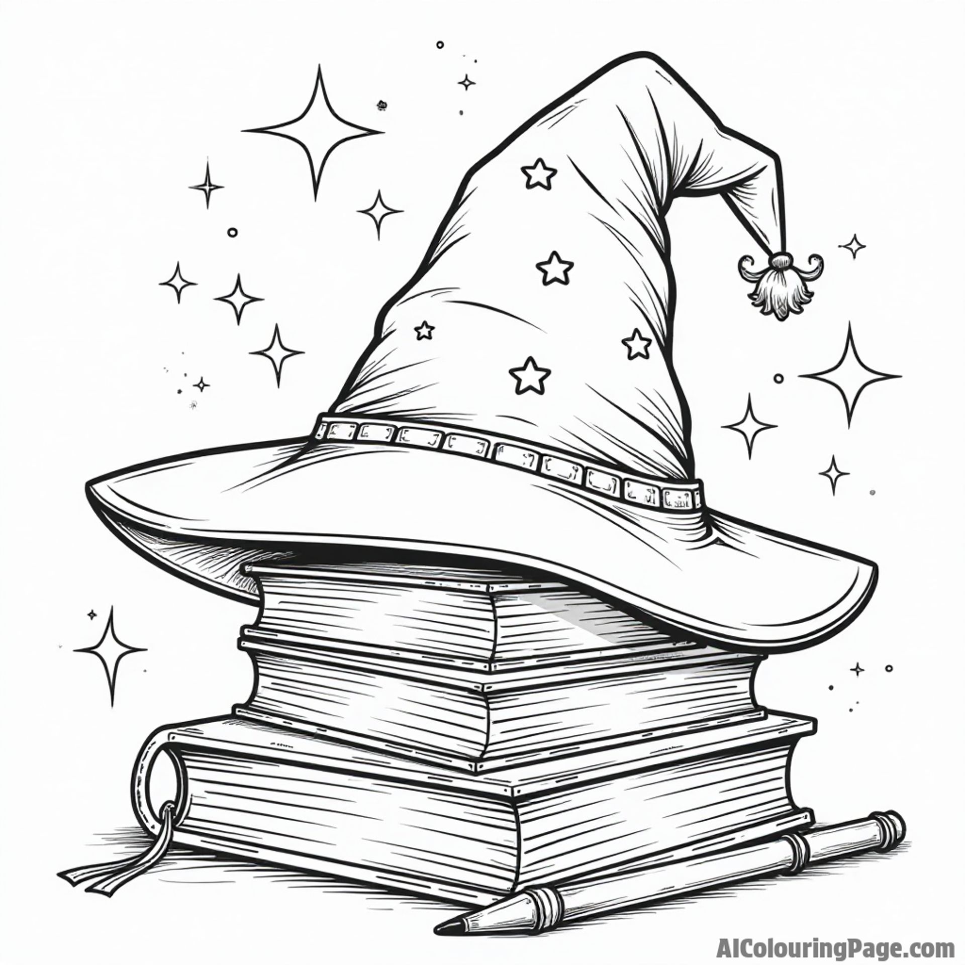 A wizard hat resting on a stack of spell books with a wand beside it, surrounded by magical sparkles and stars.