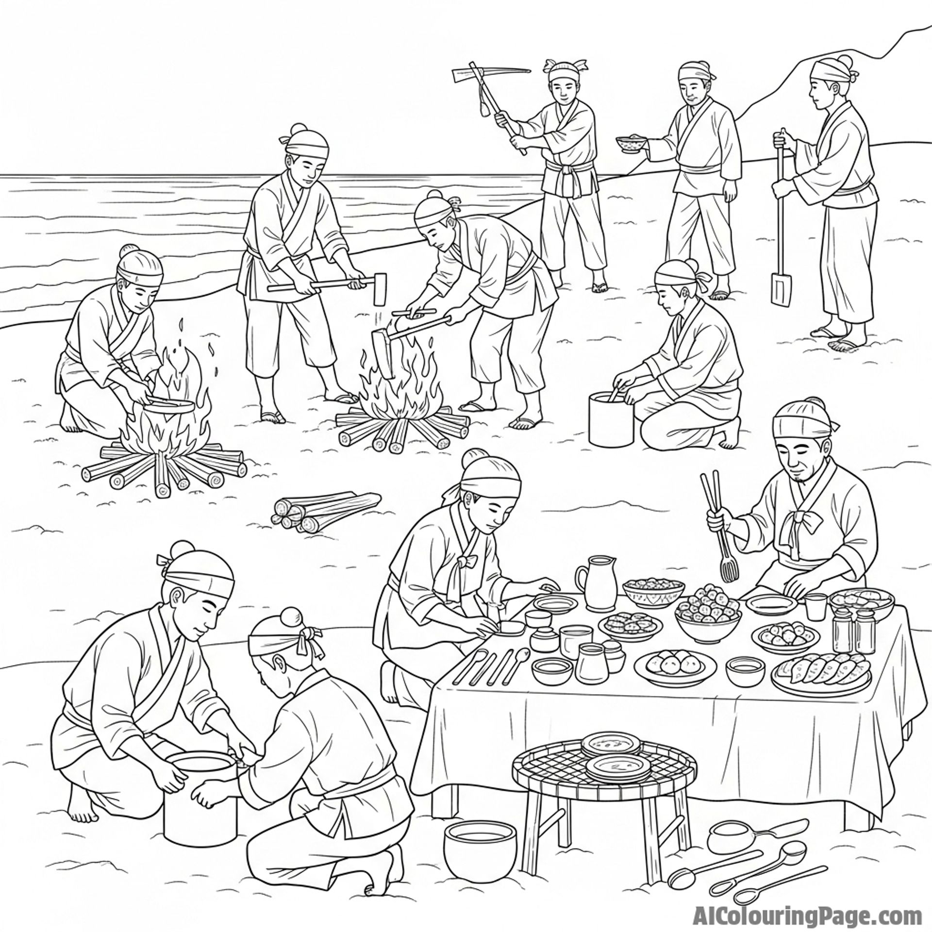 Local villagers preparing a traditional feast on the beach.