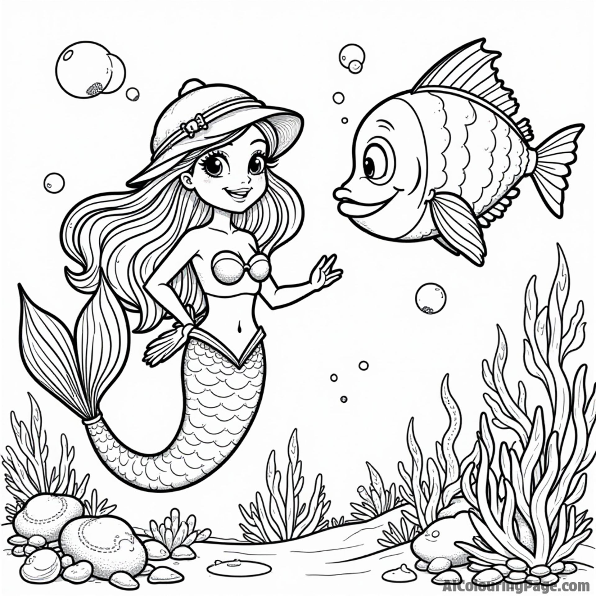 A mermaid and a fish detective solving mysteries together amidst a backdrop of hidden treasures and curious sea creatures.