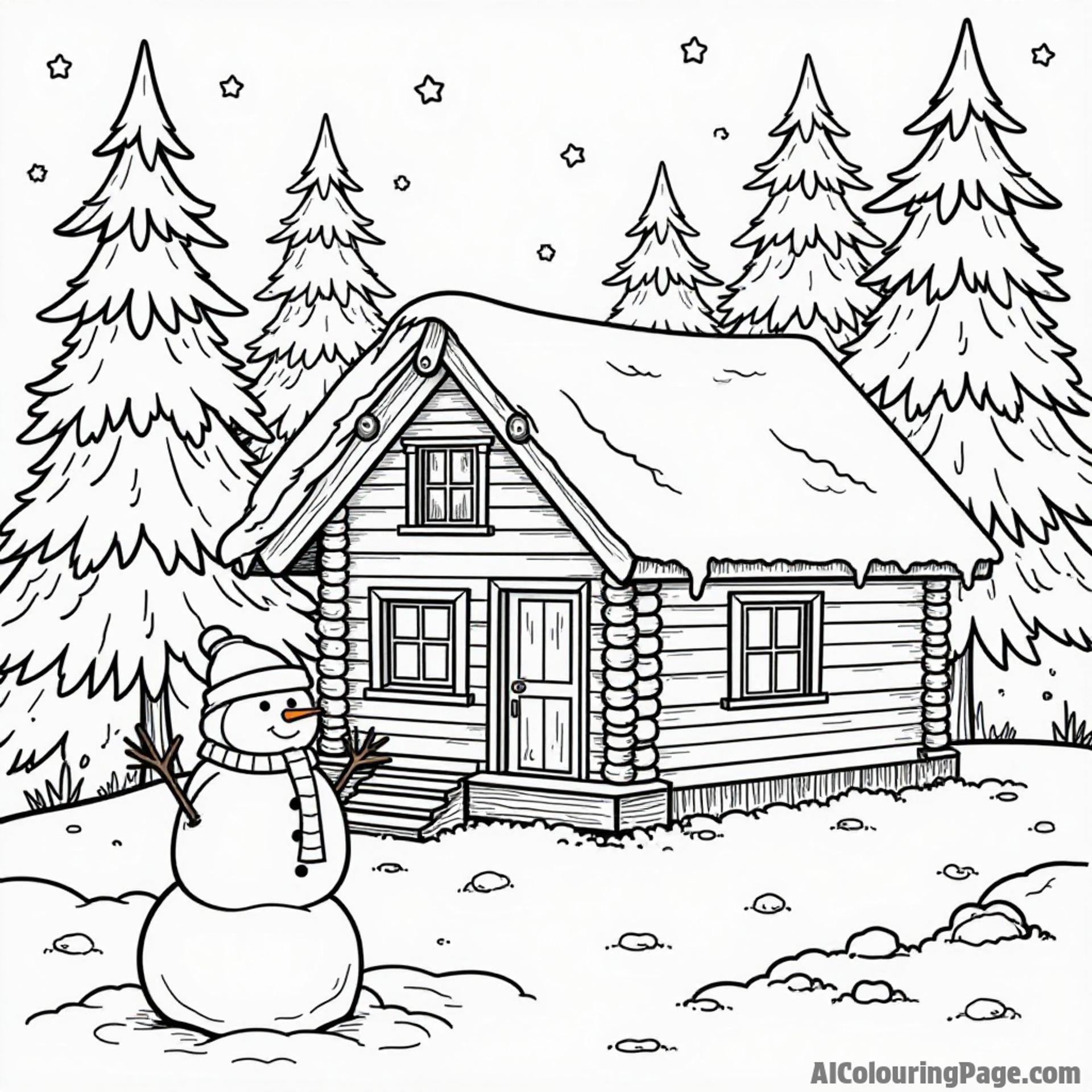 A cozy cabin in the snowy woods with a snowman outside and pine trees in the background, perfect for coloring.