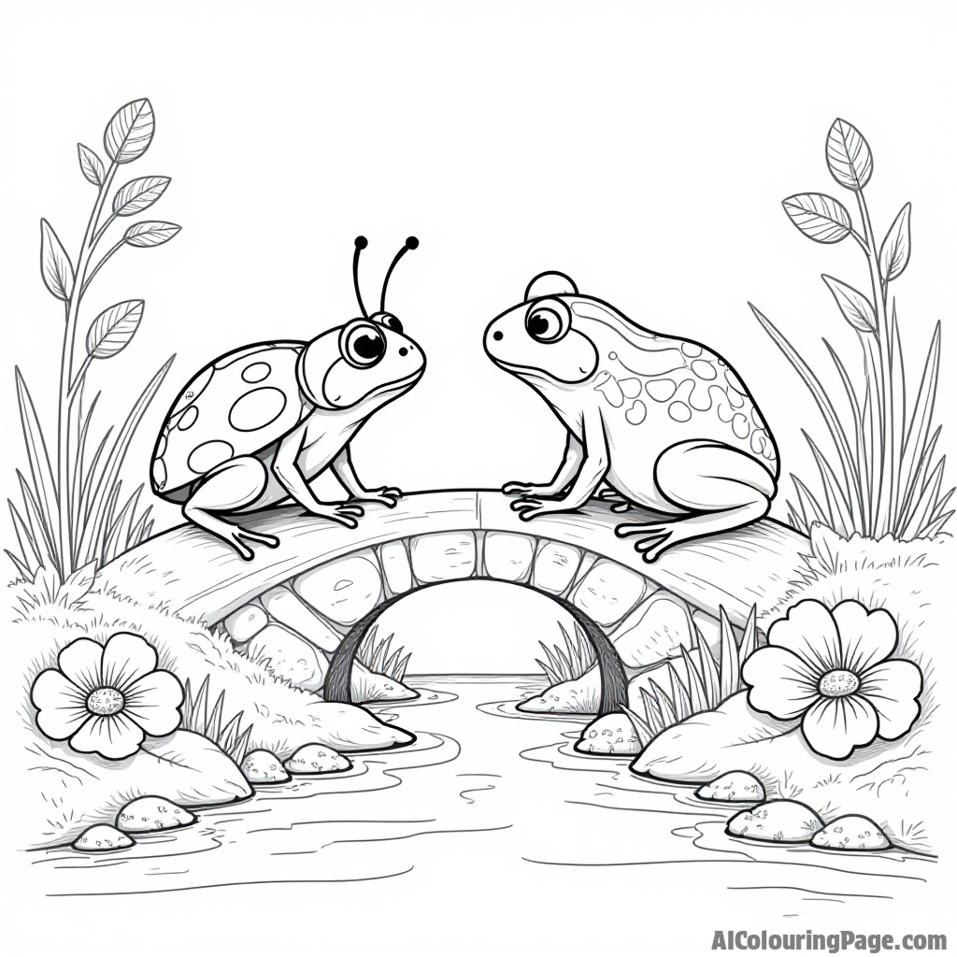 A ladybug and a frog working together to build a tiny bridge over a stream, with flowers lining the banks.